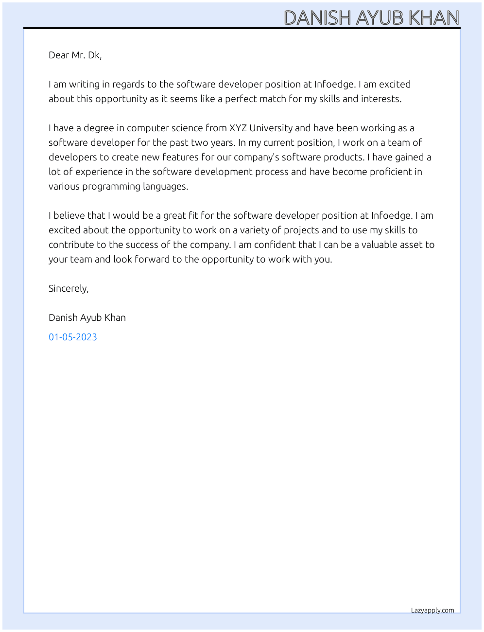 Software Developer  At Infoedge Cover Letter