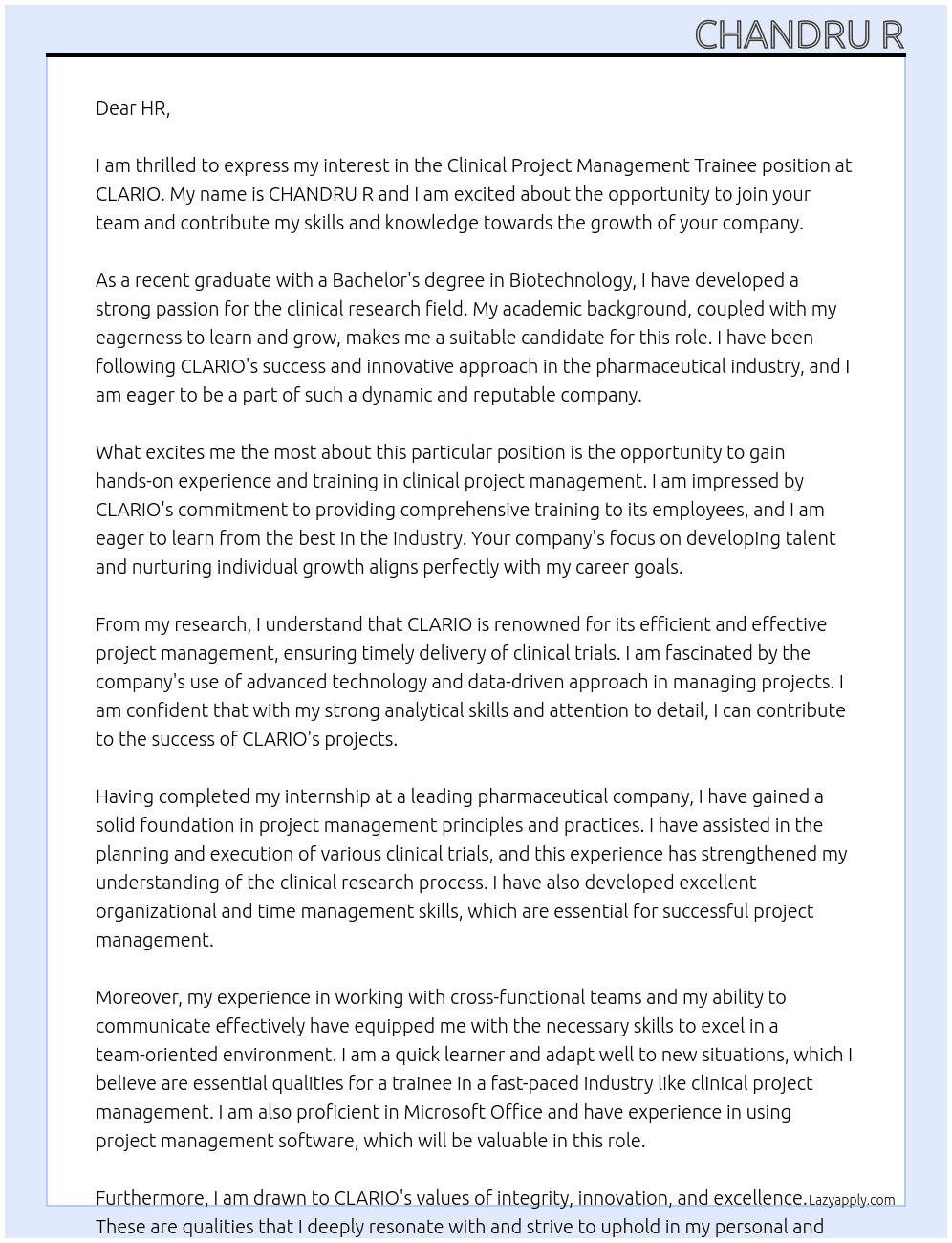clinical project management  trainee At CLARIO Cover Letter