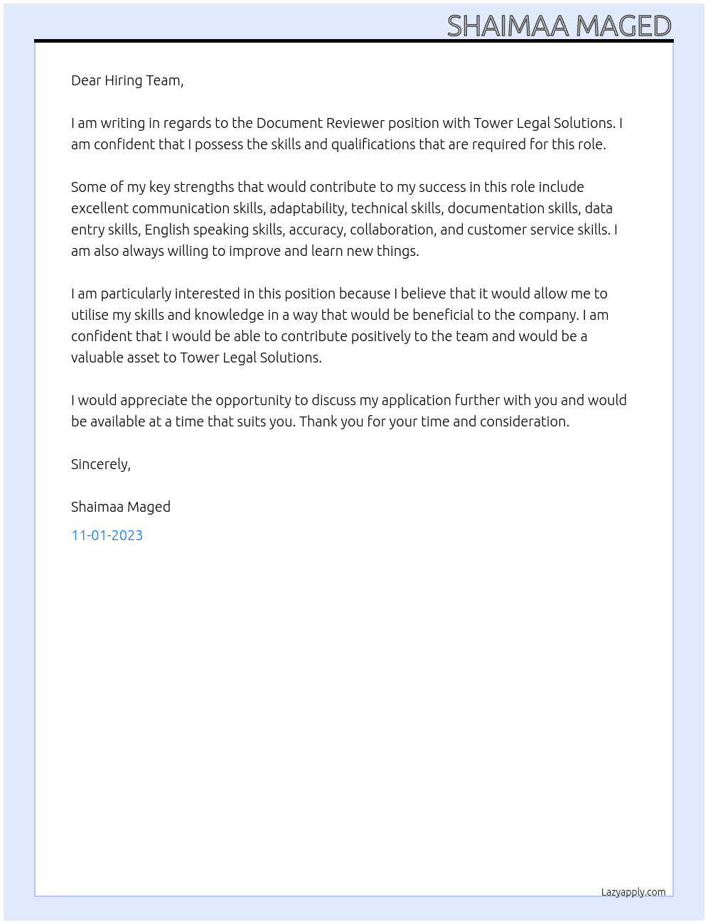 Document Reviewer At Tower Legal Solutions Cover Letter