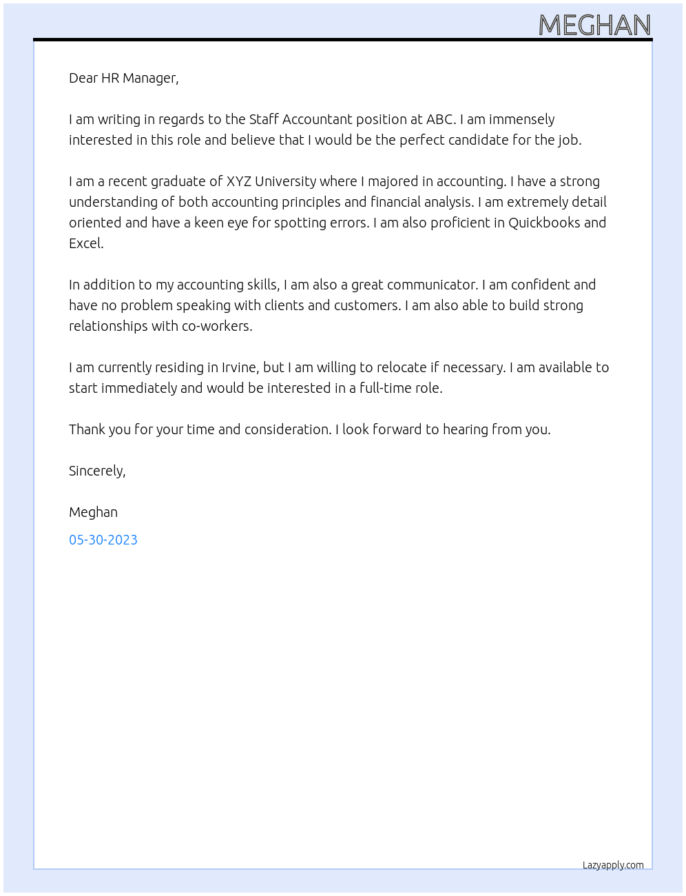 Staff Accountant At ABC Cover Letter