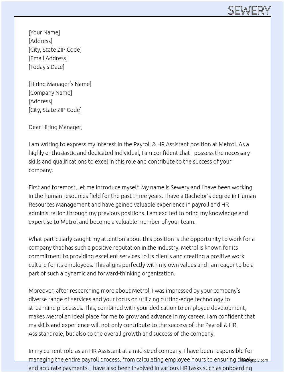 payroll & HR assistant At Metrol Cover Letter