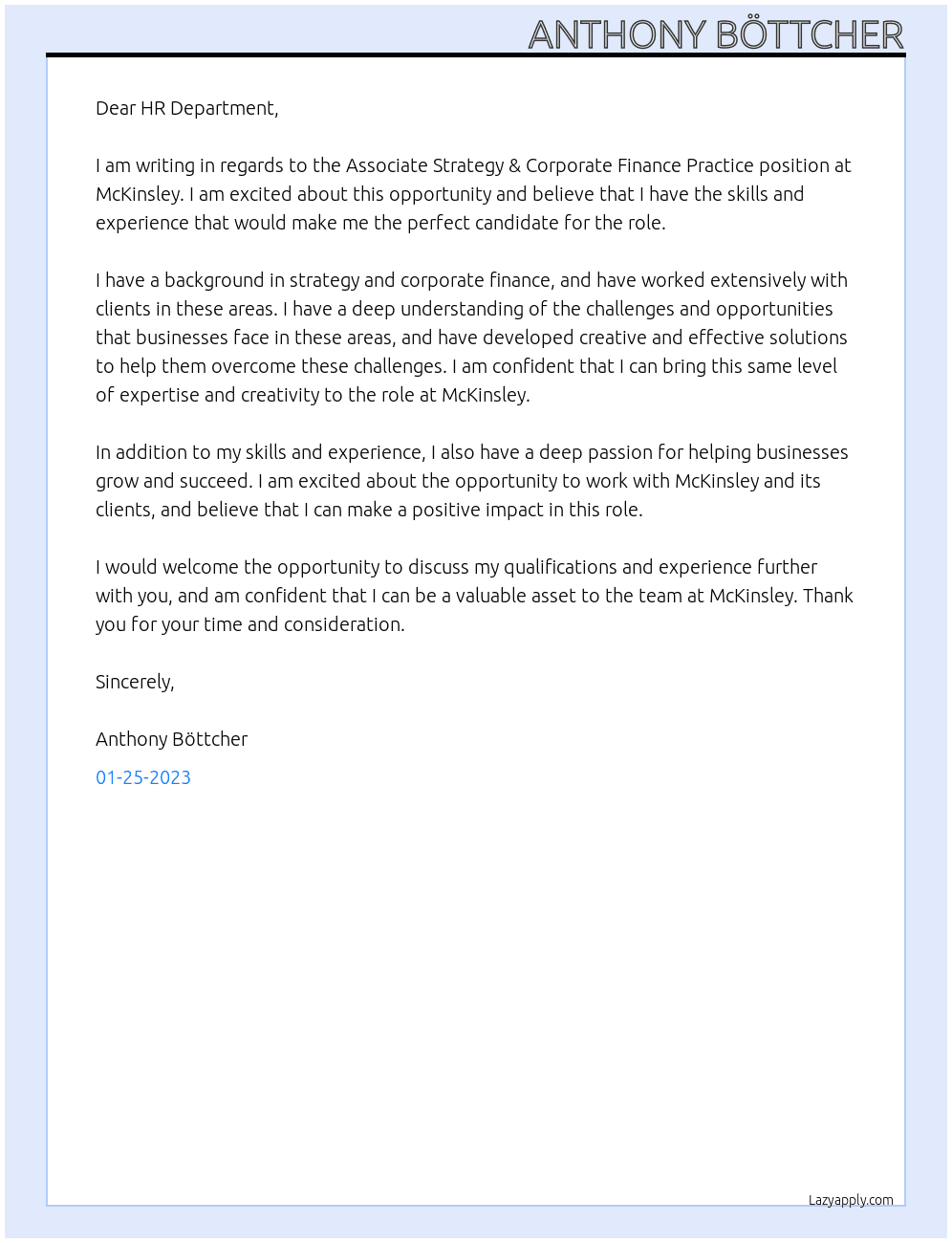 Associate Strategy & Corporate Finance Practice At McKinsley Cover Letter