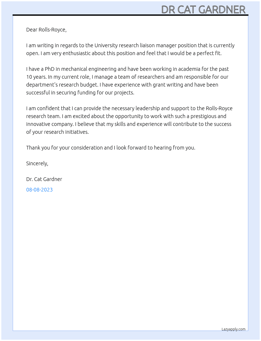 University research liaison manager  At Rolls-royce  Cover Letter