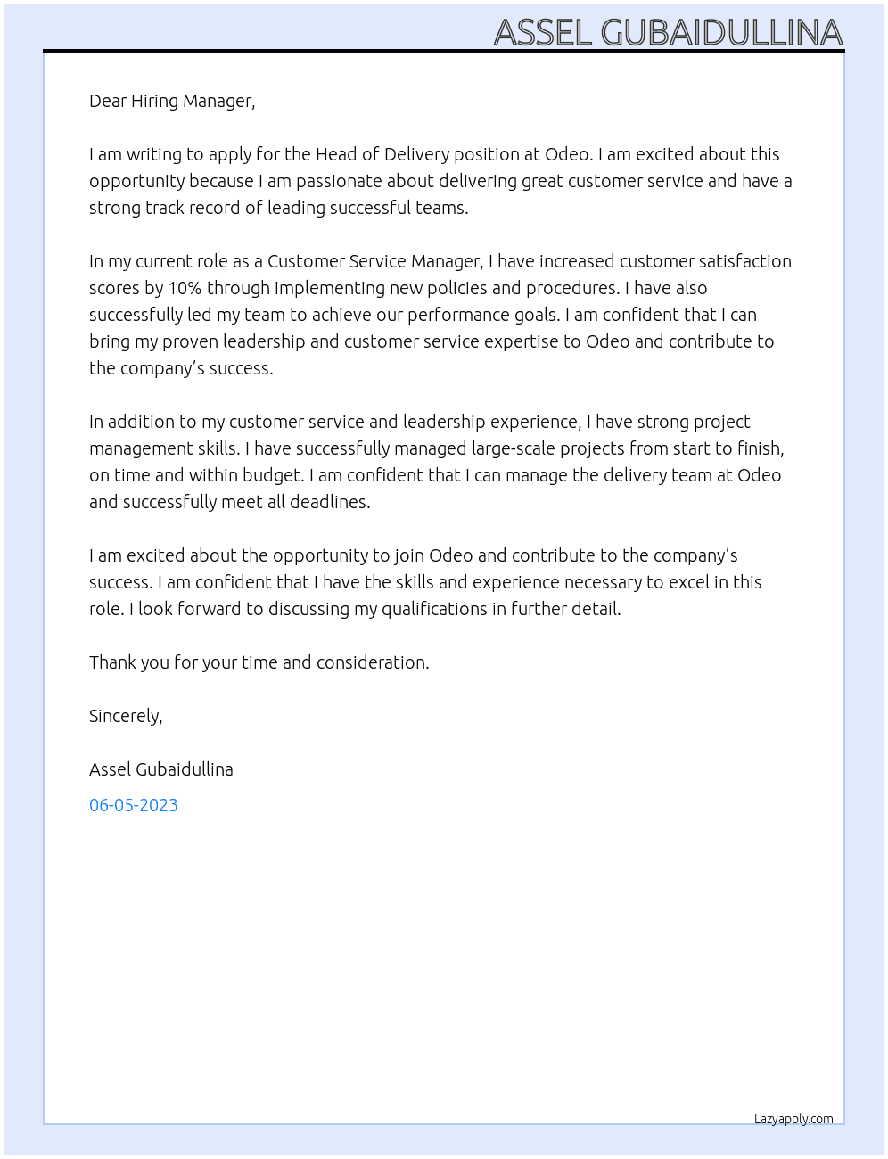 Head of Delivery At Ode o Cover Letter