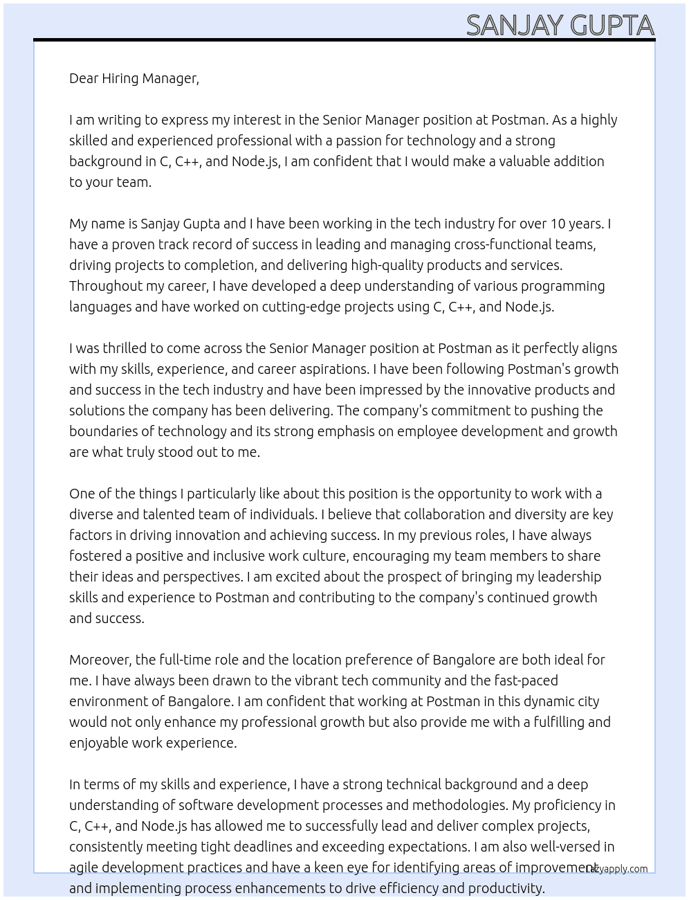 Senior manager At Postman Cover Letter