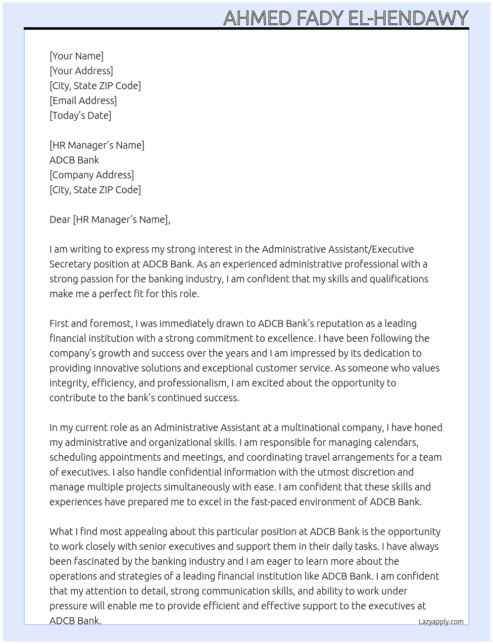 Administrative Assistant / Executive Secretary At ADCB Bank Cover Letter