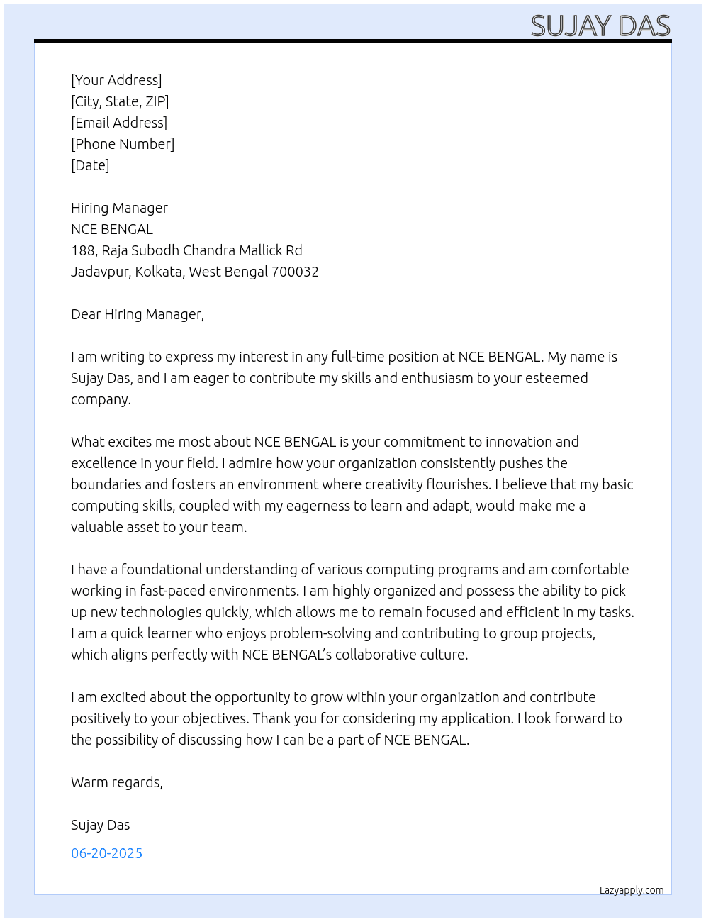 Cover letter for anything - LazyApply