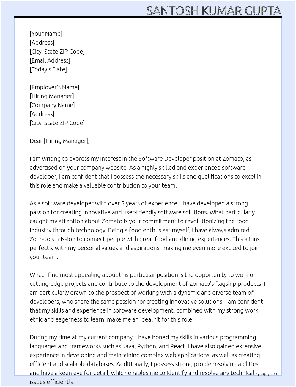 software developer At zomato Cover Letter