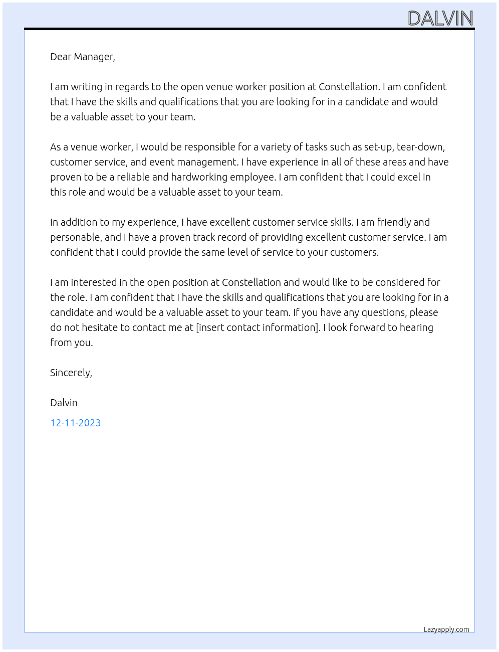 Venue worker At Constellation Cover Letter