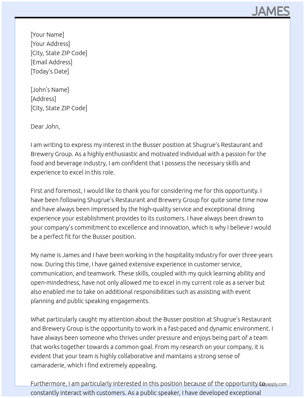 Busser At Shugrue's Restaurant and Brewery Group Cover Letter
