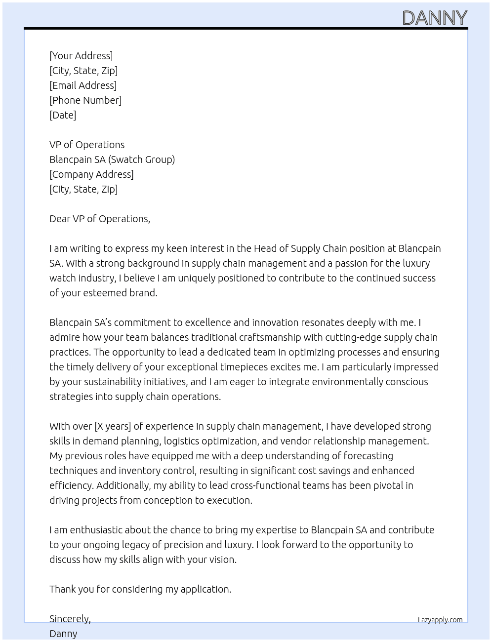 Cover letter for head of supply chain - LazyApply
