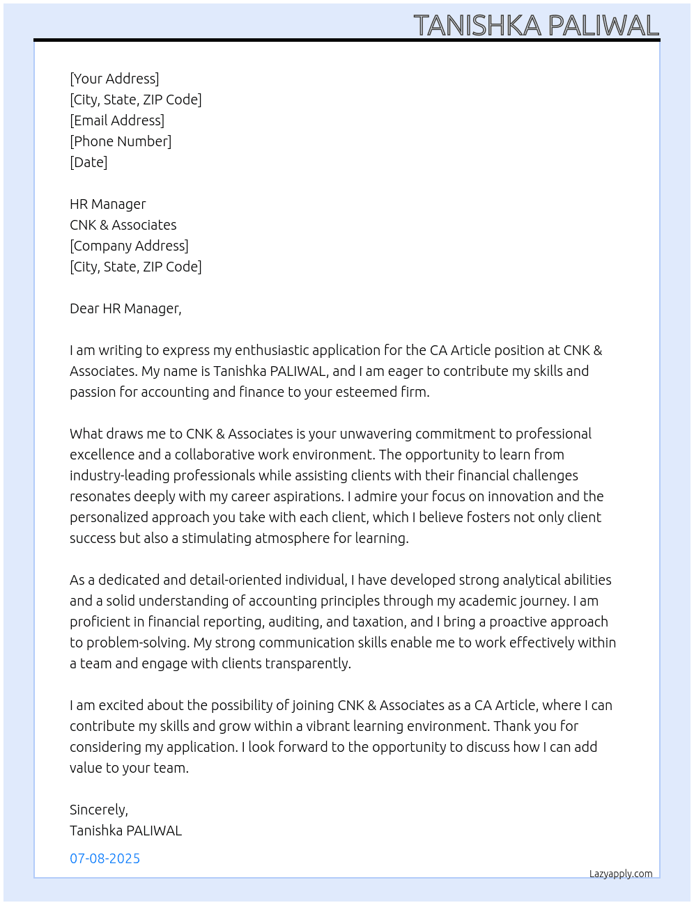 CA Article At CNK & Associates Cover Letter