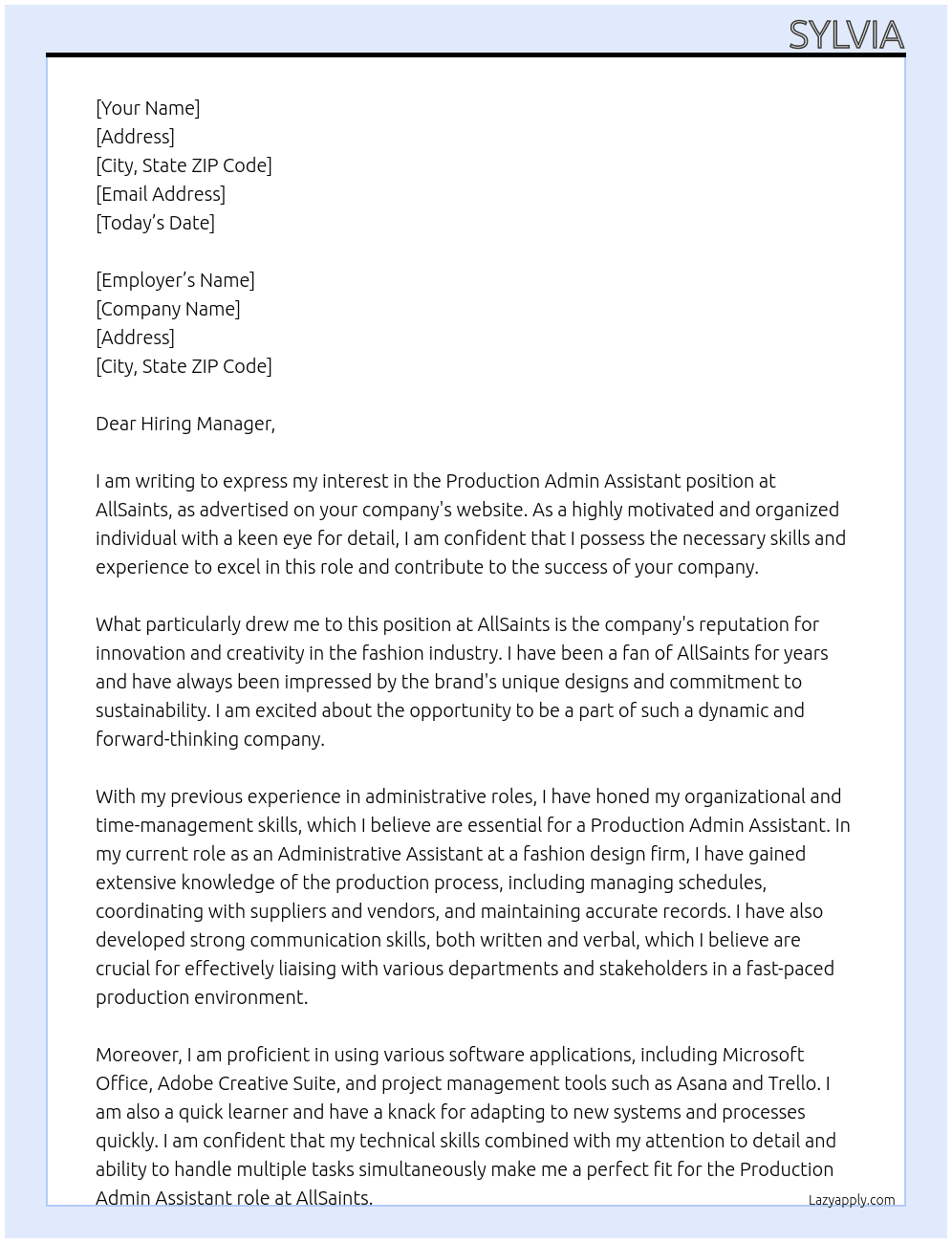 production admin assistant  At allsaints Cover Letter