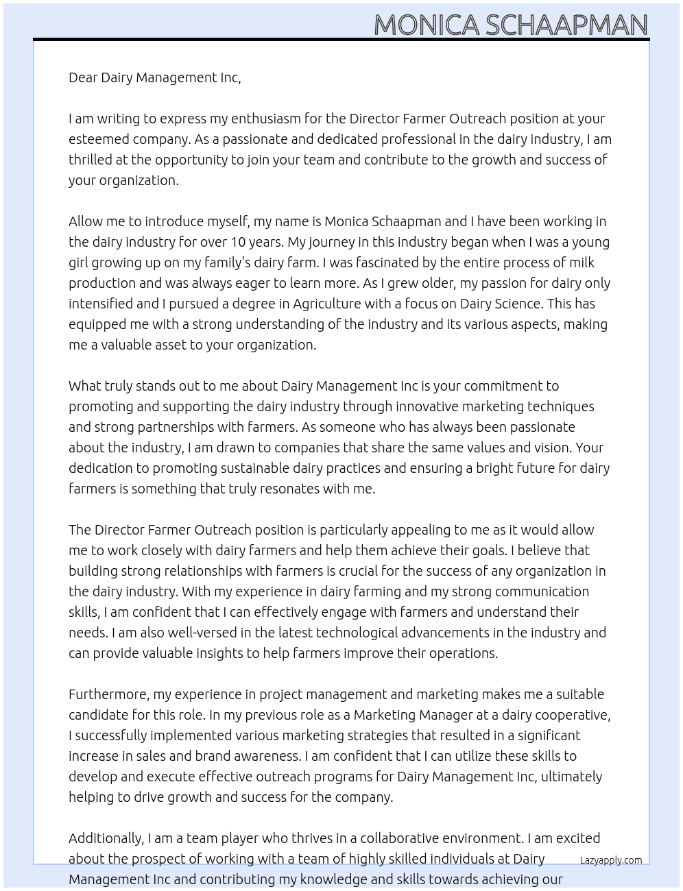 Director Farmer Outreach At Dairy Management Inc Cover Letter