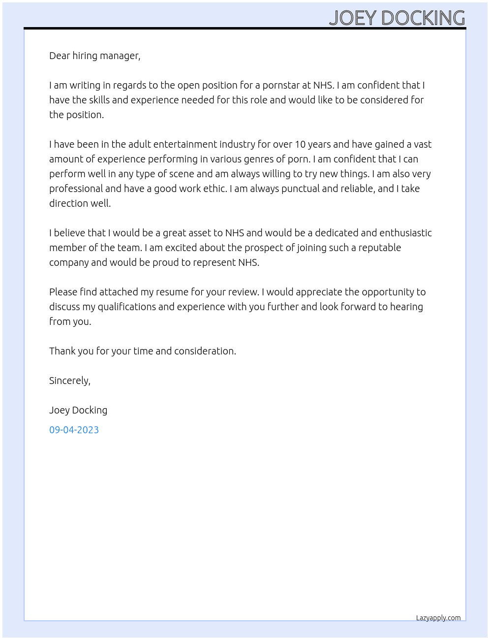 Pornstar At NHS Cover Letter