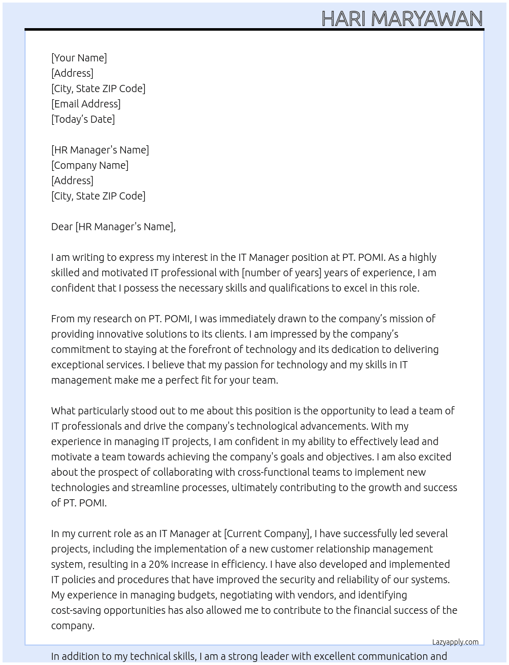 IT Manager At PT. POMI Cover Letter