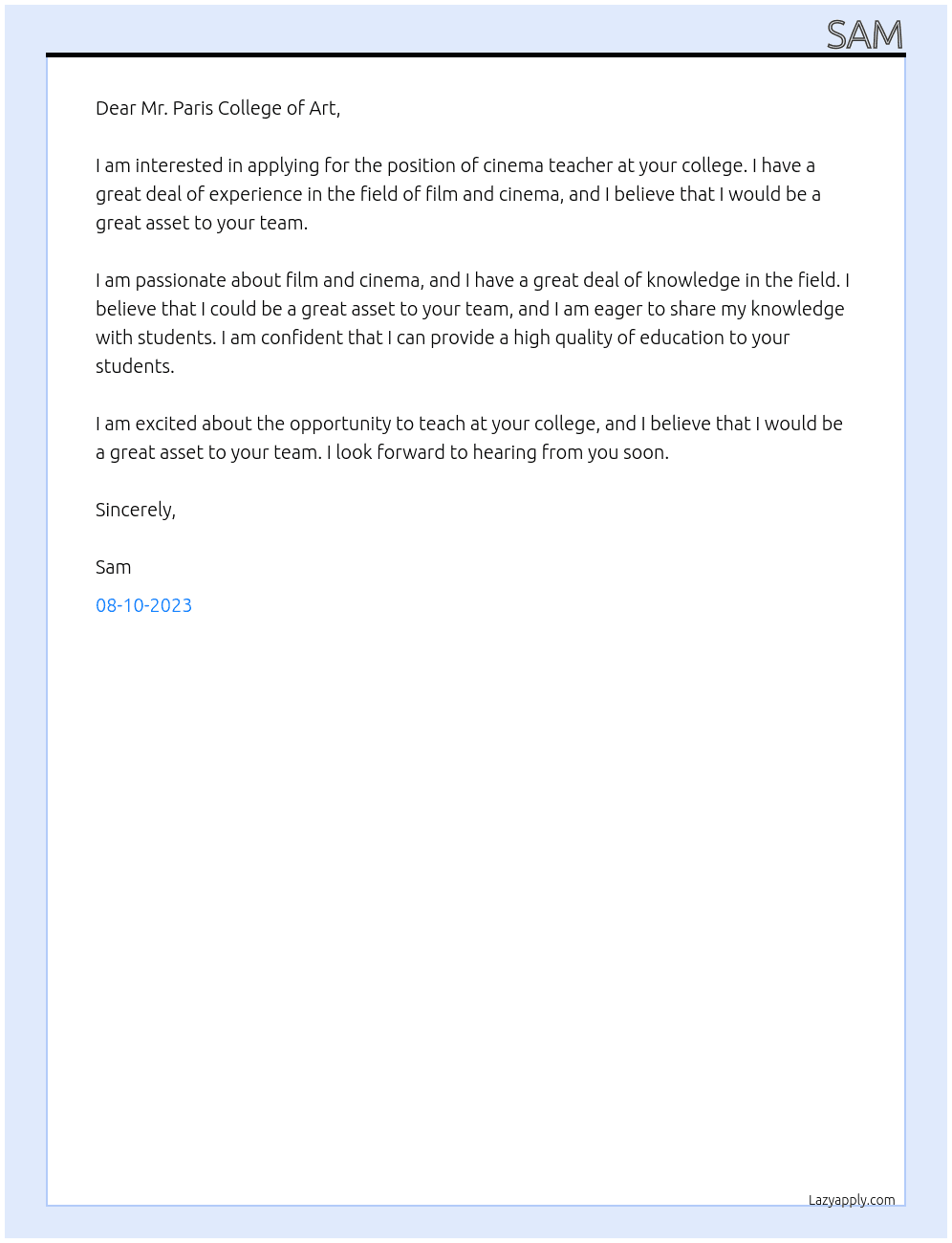 cinema teacher At Paris College of Art Cover Letter