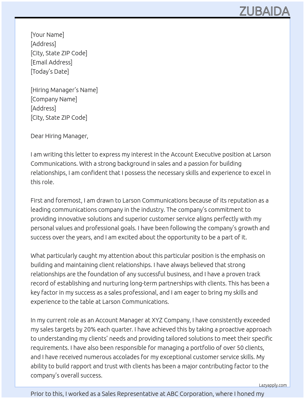 Account Executive At Larson Communications Cover Letter