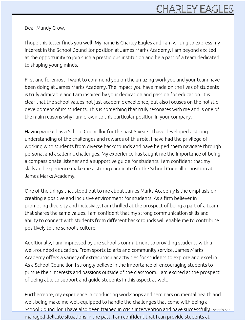 School Councillor At James Marks Academy Cover Letter