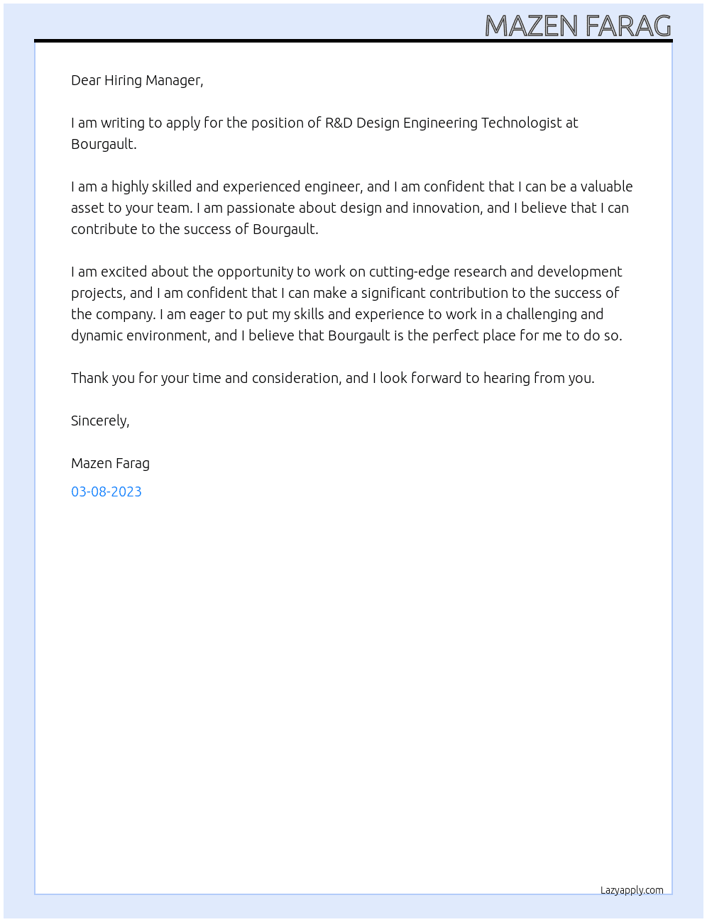 R&D Design Engineering Technologist At Bourgault Cover Letter