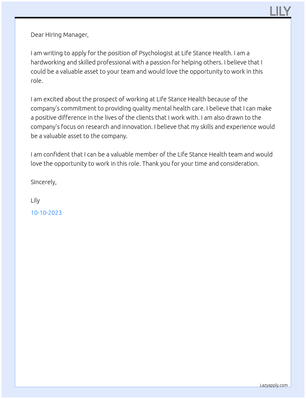 Psychologist  At Life Stance Health Cover Letter
