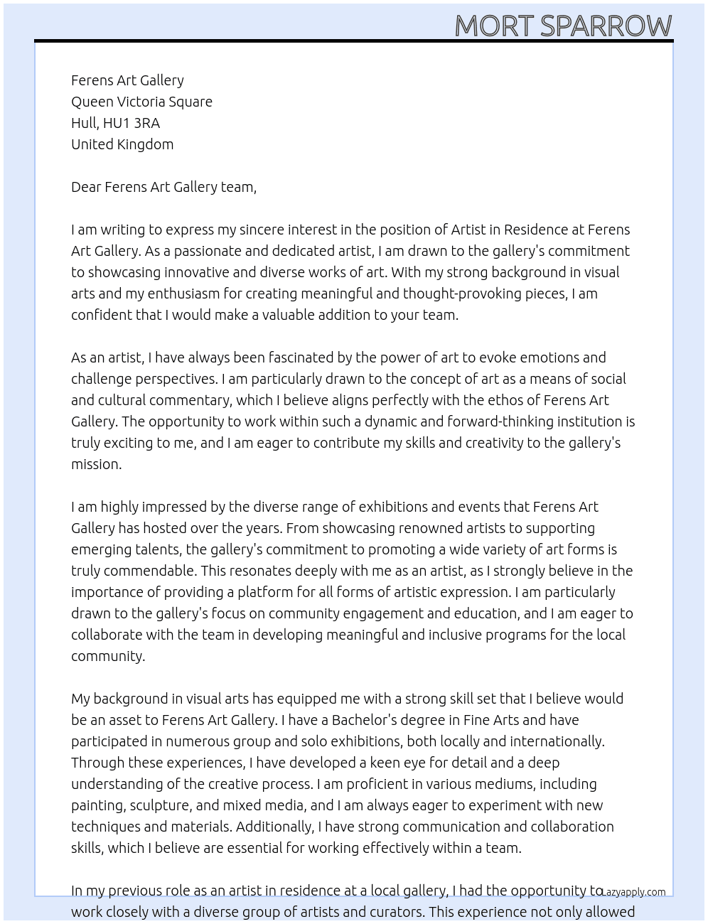 Artist in Residence  At Ferens Art Gallery Cover Letter