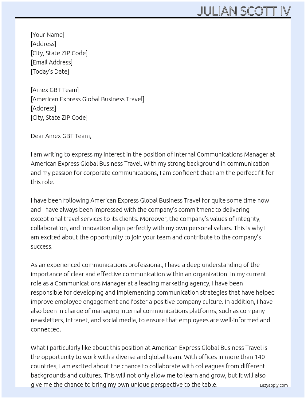 Internal Communications Manager At American Express Global Business Travel Cover Letter