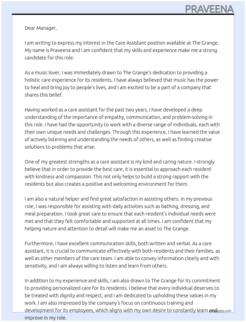Care assistant  At The grange  Cover Letter