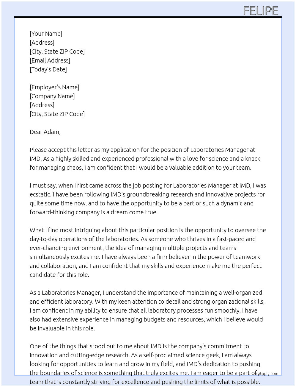 Laboratories Manager At IMD Cover Letter