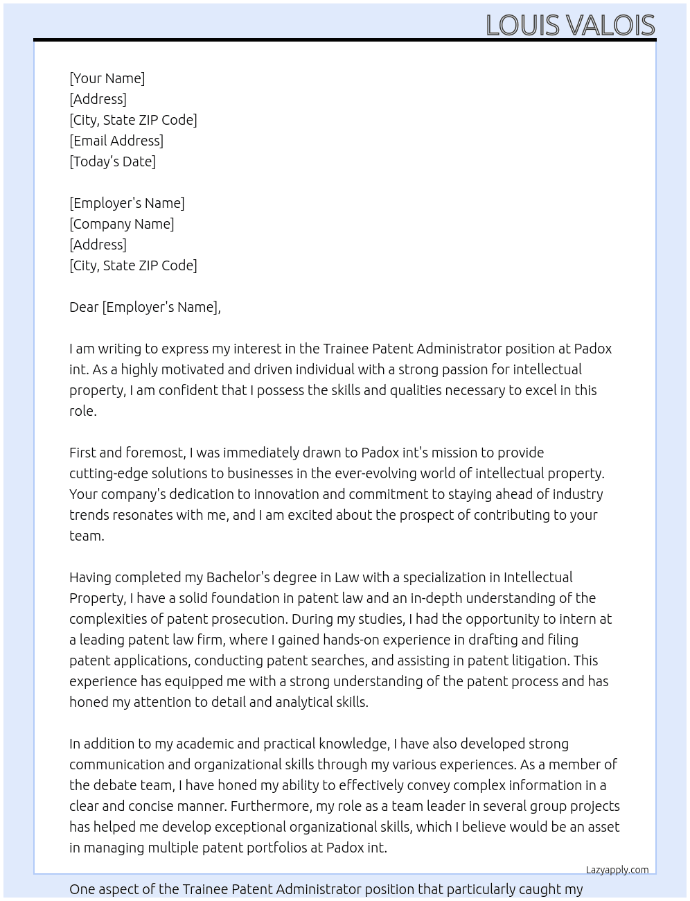 Trainee Patent Administrator At Padox int Cover Letter