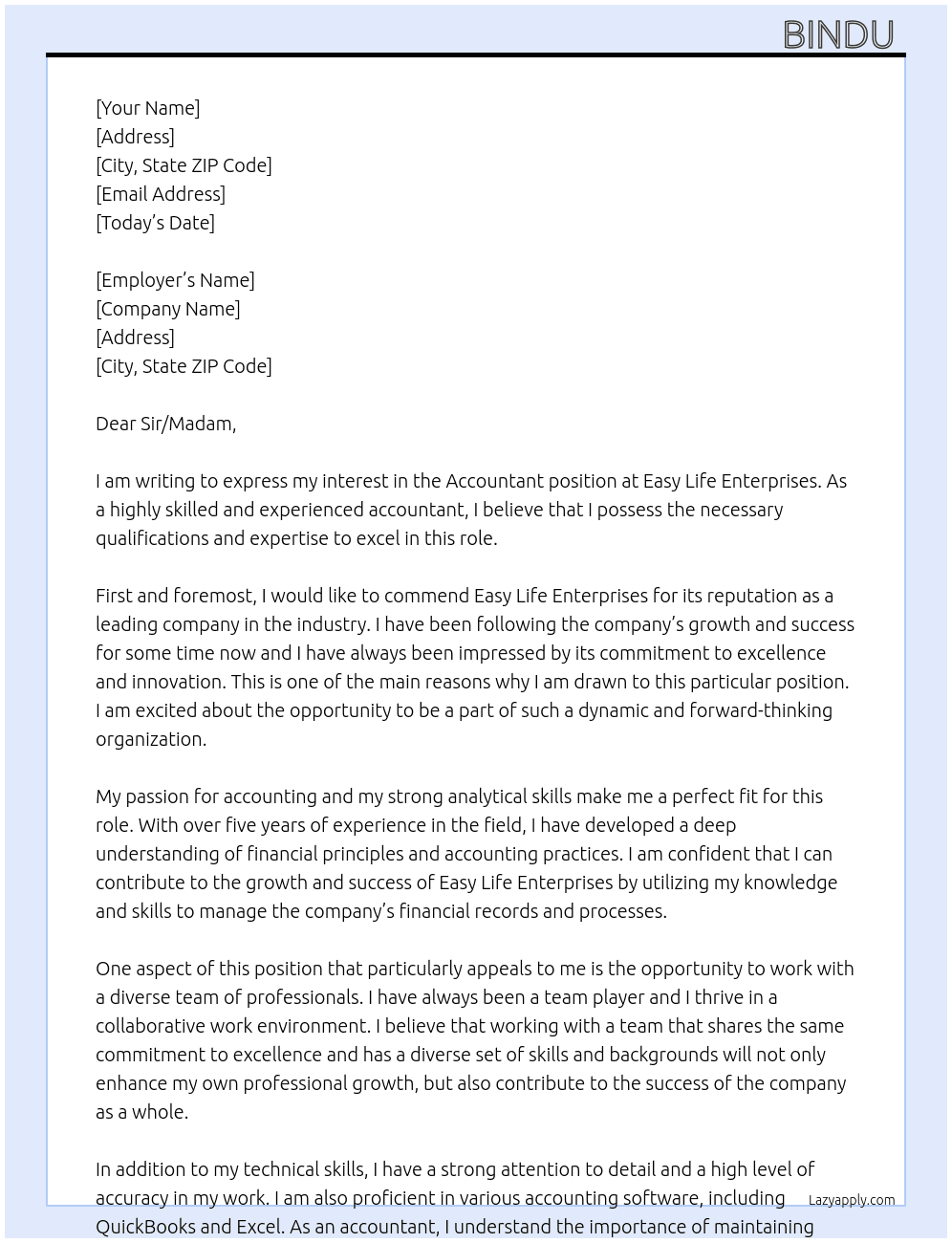 Accountant  At Easy life enterprises Cover Letter