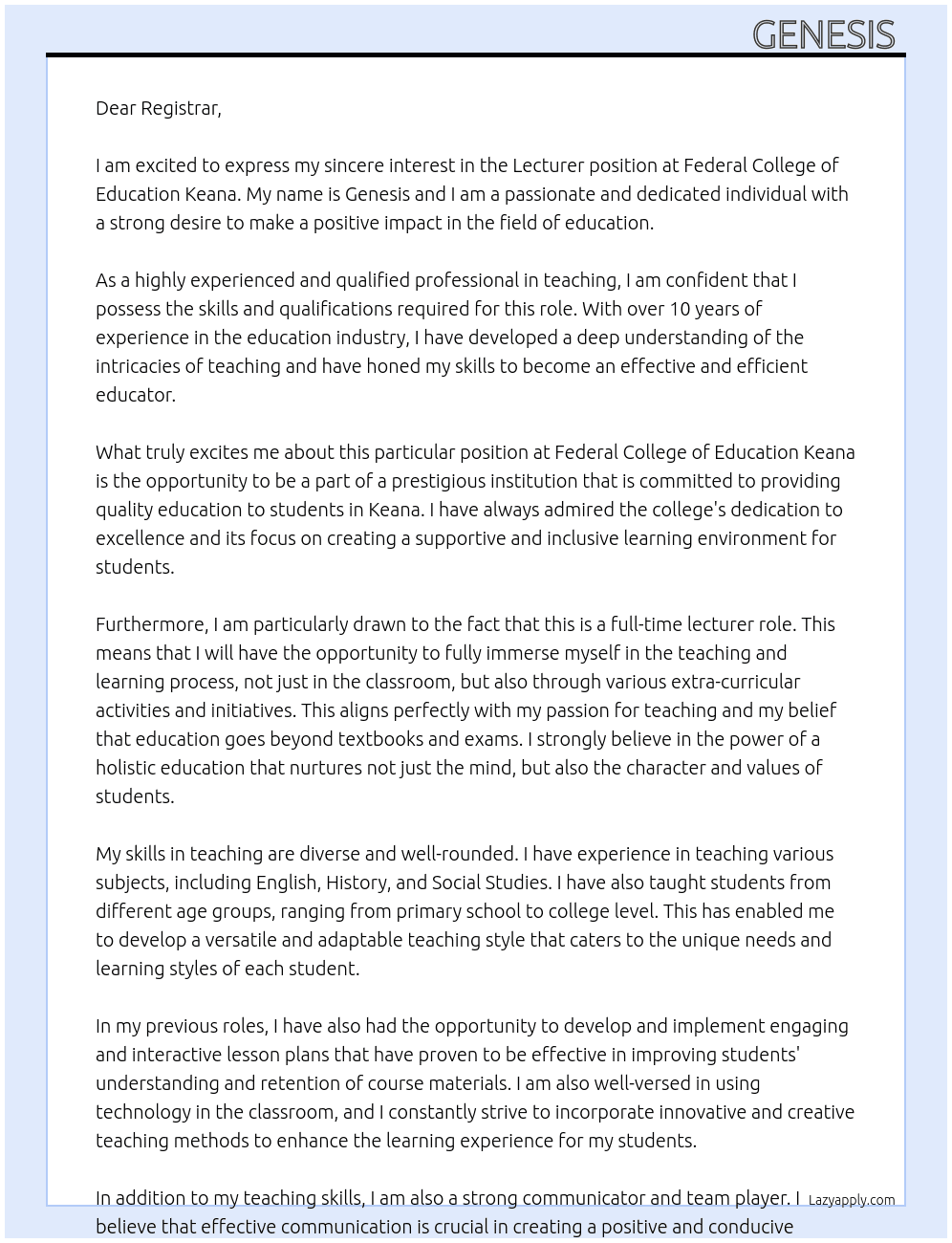 Cover letter for lecturer position - LazyApply
