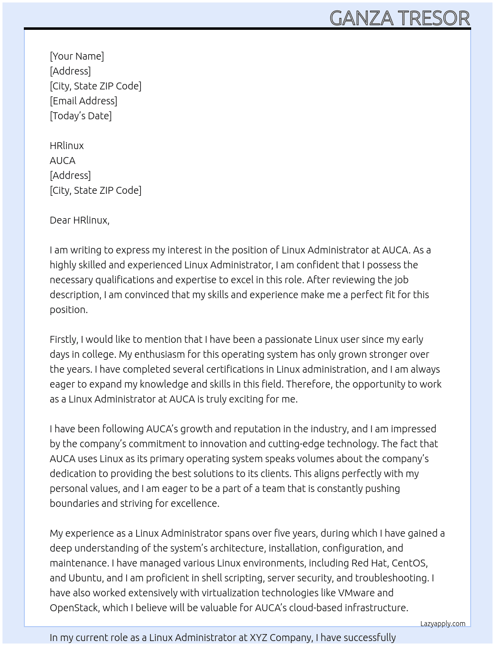 Linux Administrator At AUCA Cover Letter