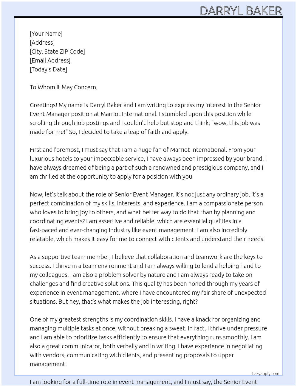 Senior Event Manager At Marriot International Cover Letter