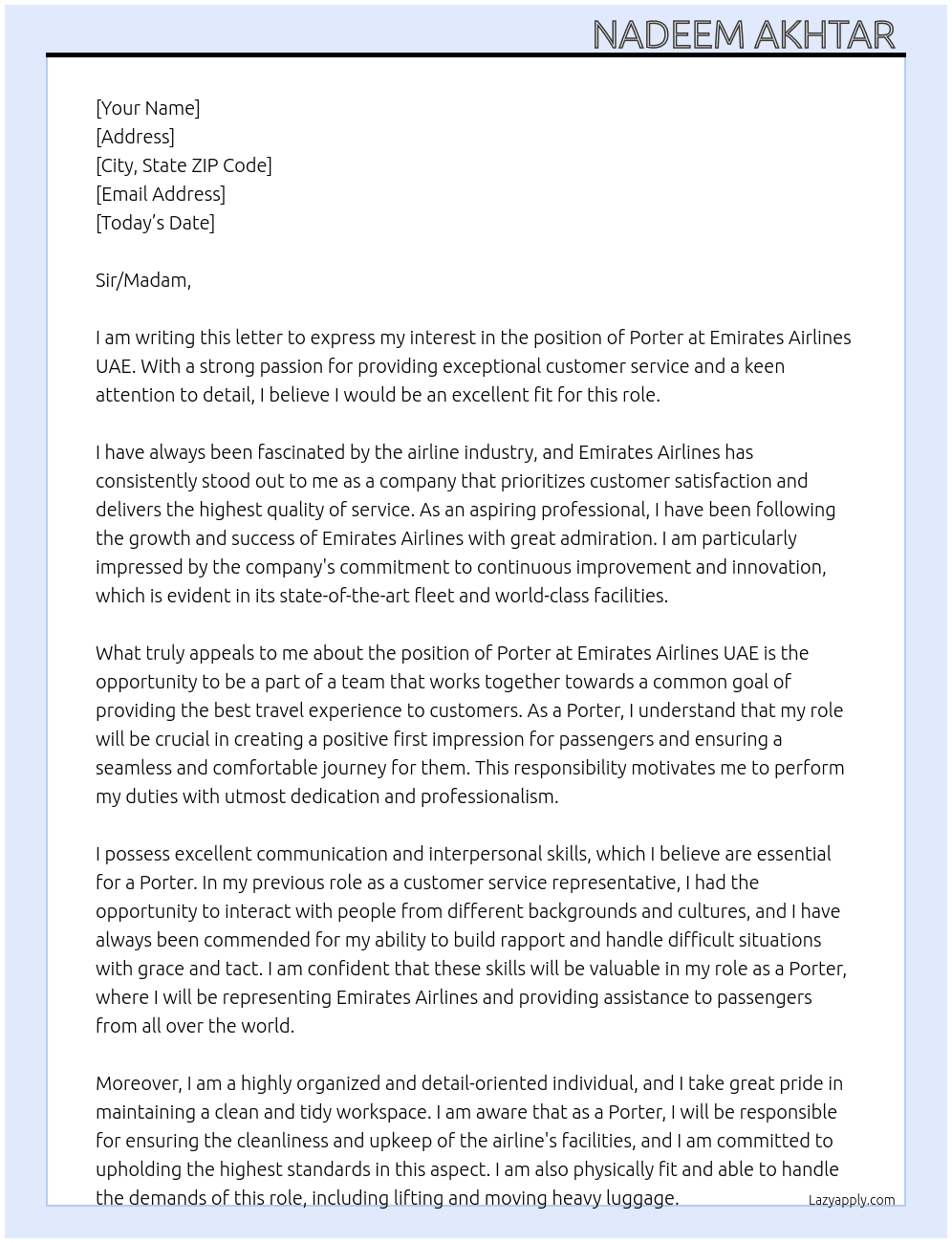 Porter At Emirates Airlines UAE Cover Letter