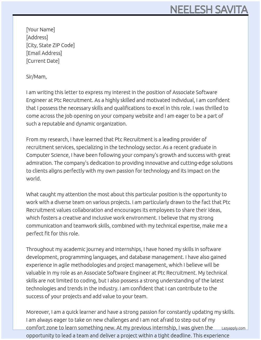 Associate Software Engineer  At Ptc Recruitment  Cover Letter