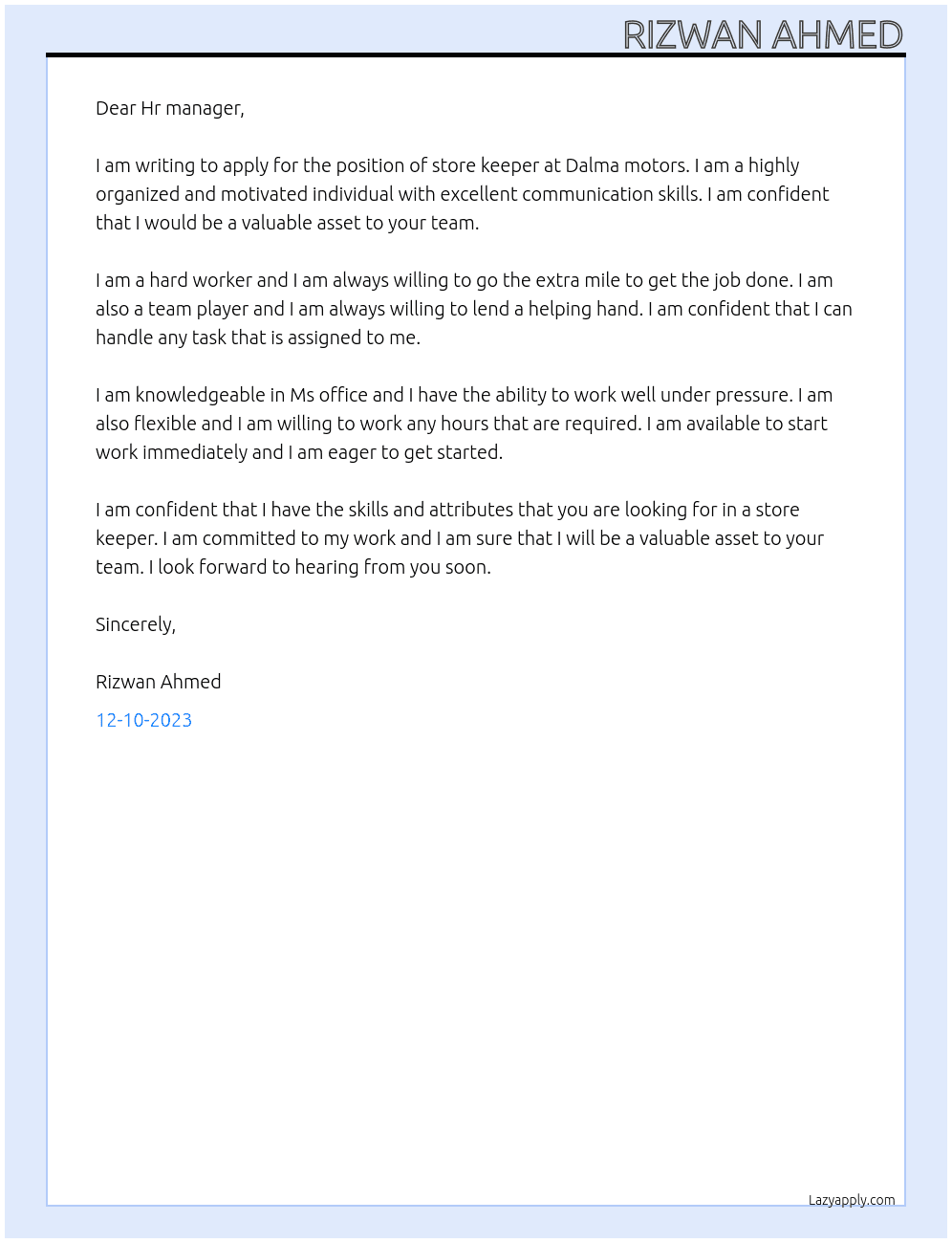 Store keeper At Dalma motors Cover Letter