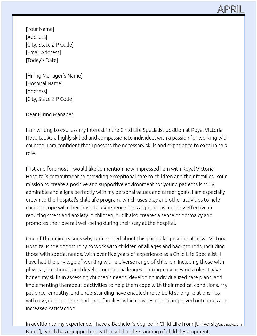 Child life specialist At Royal Victoria Hospital Cover Letter