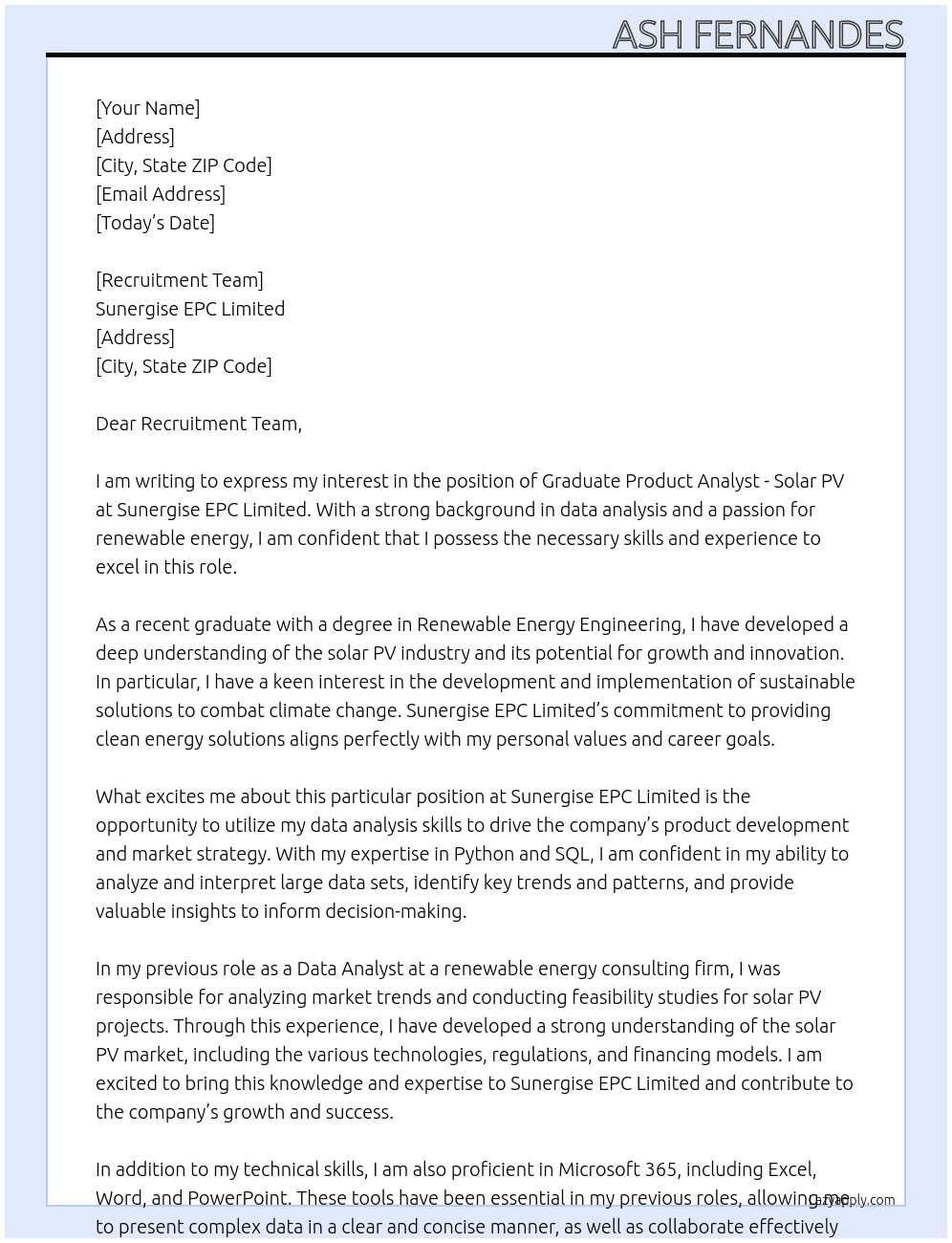 Graduate Product Analyst - Solar PV At Sunergise EPC Limited Cover Letter