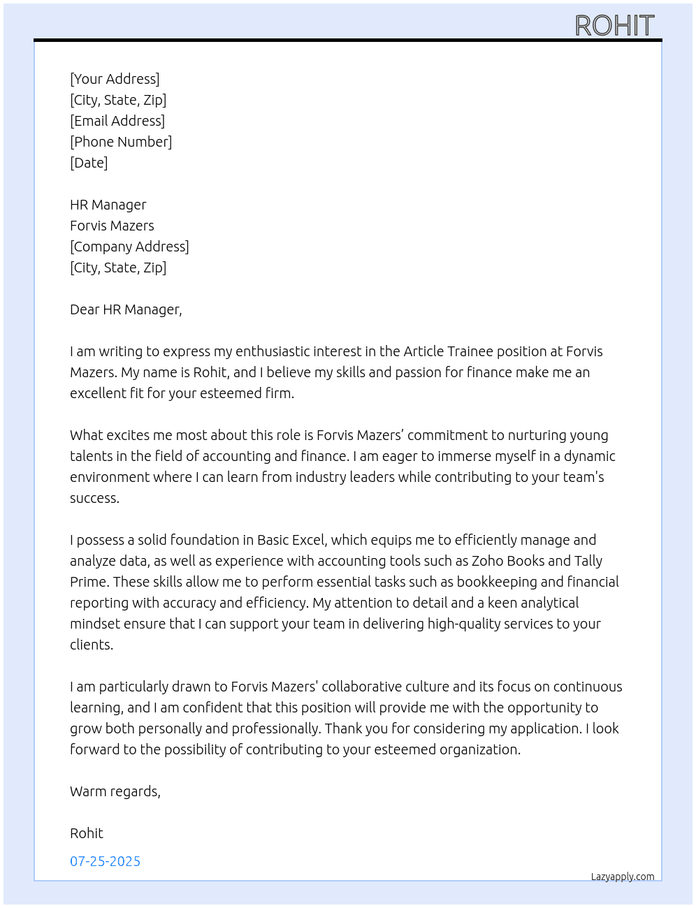 Article trainee  At Forvis Mazers  Cover Letter