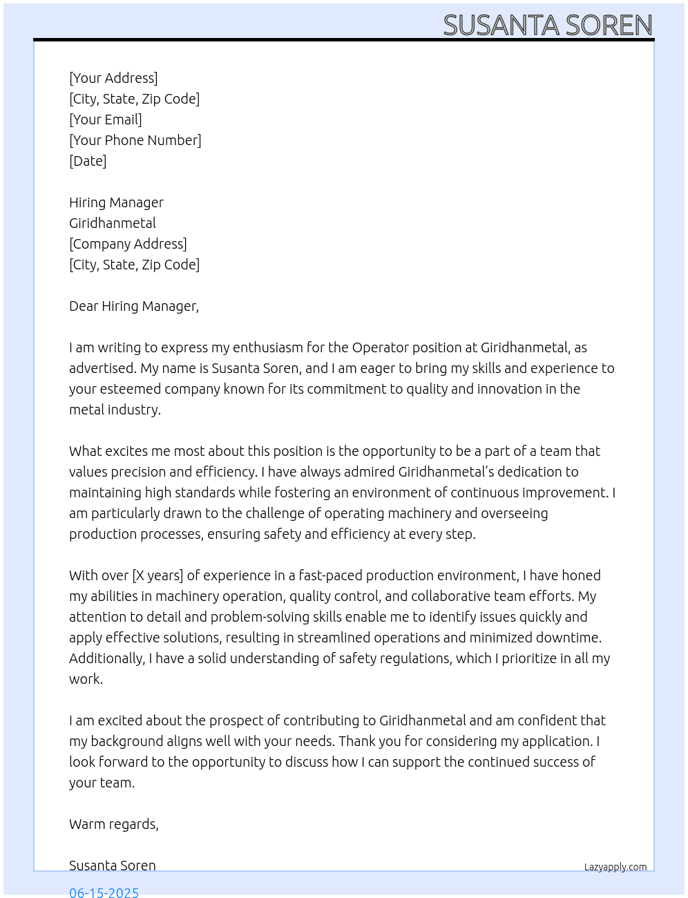 Operator At Giridhanmetal Cover Letter
