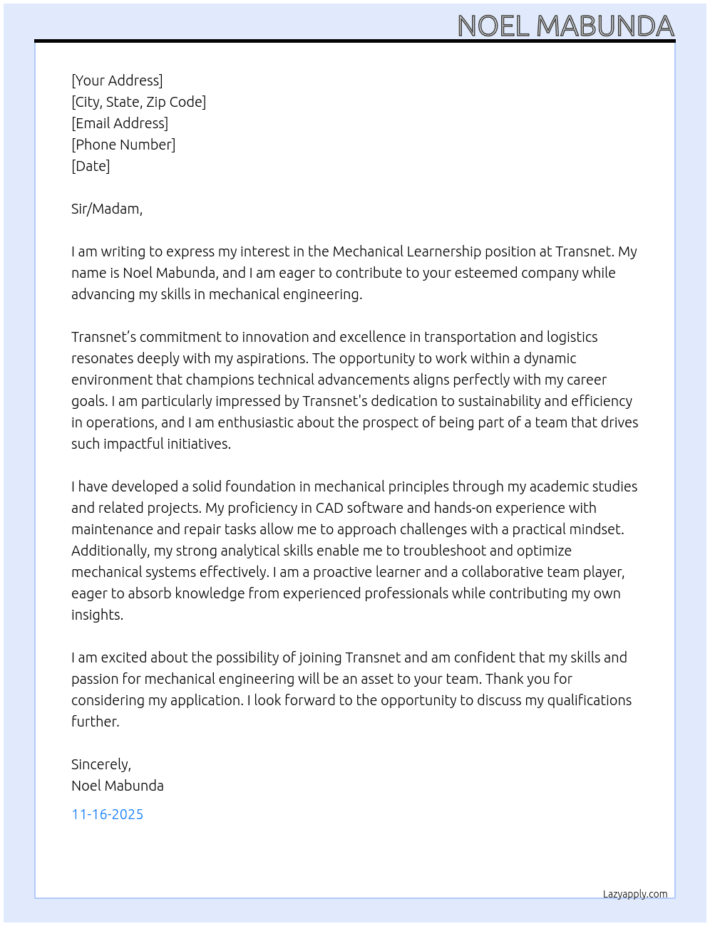 Cover letter for mechanical  learnership - LazyApply