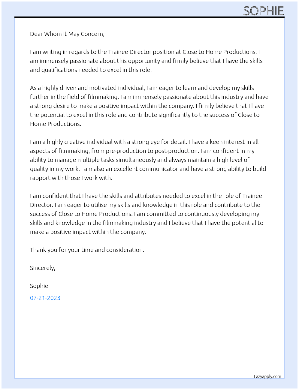 Trainee Director At Close to Home Productions Cover Letter