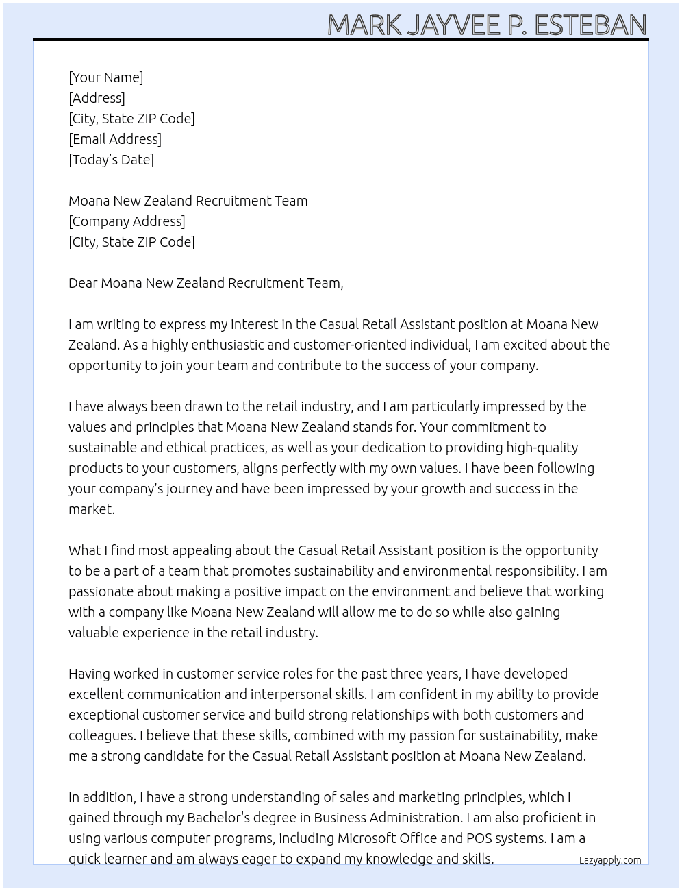 Casual Retail Assistant At Moana New Zealand Cover Letter