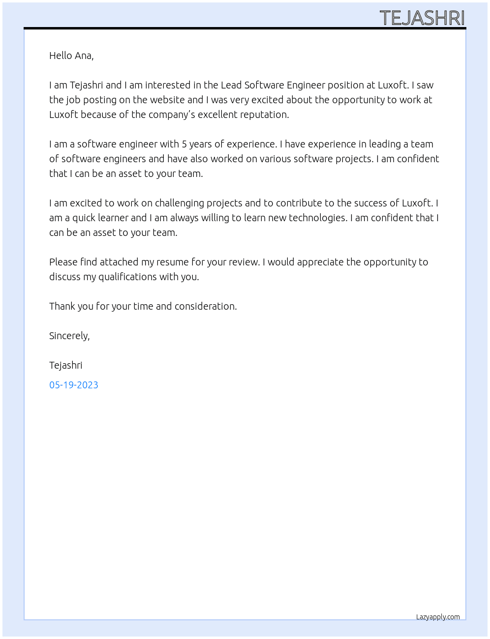 Lead Software Engineer At Luxoft Cover Letter