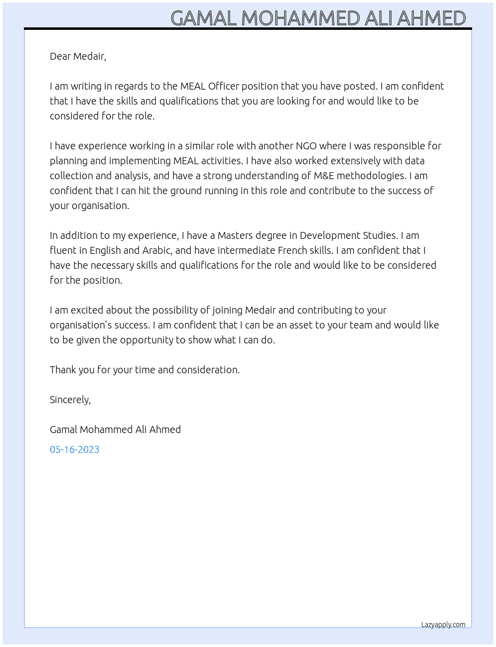 MEAL Assistant At Medair Cover Letter