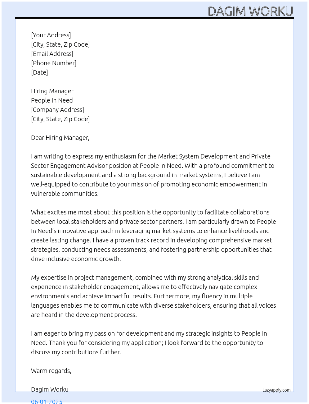 Market System Development and Private Sector Engagement Advisor At People In Need Cover Letter
