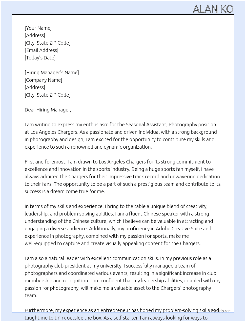 Seasonal Assistant, Photography At Los Angeles Chargers Cover Letter