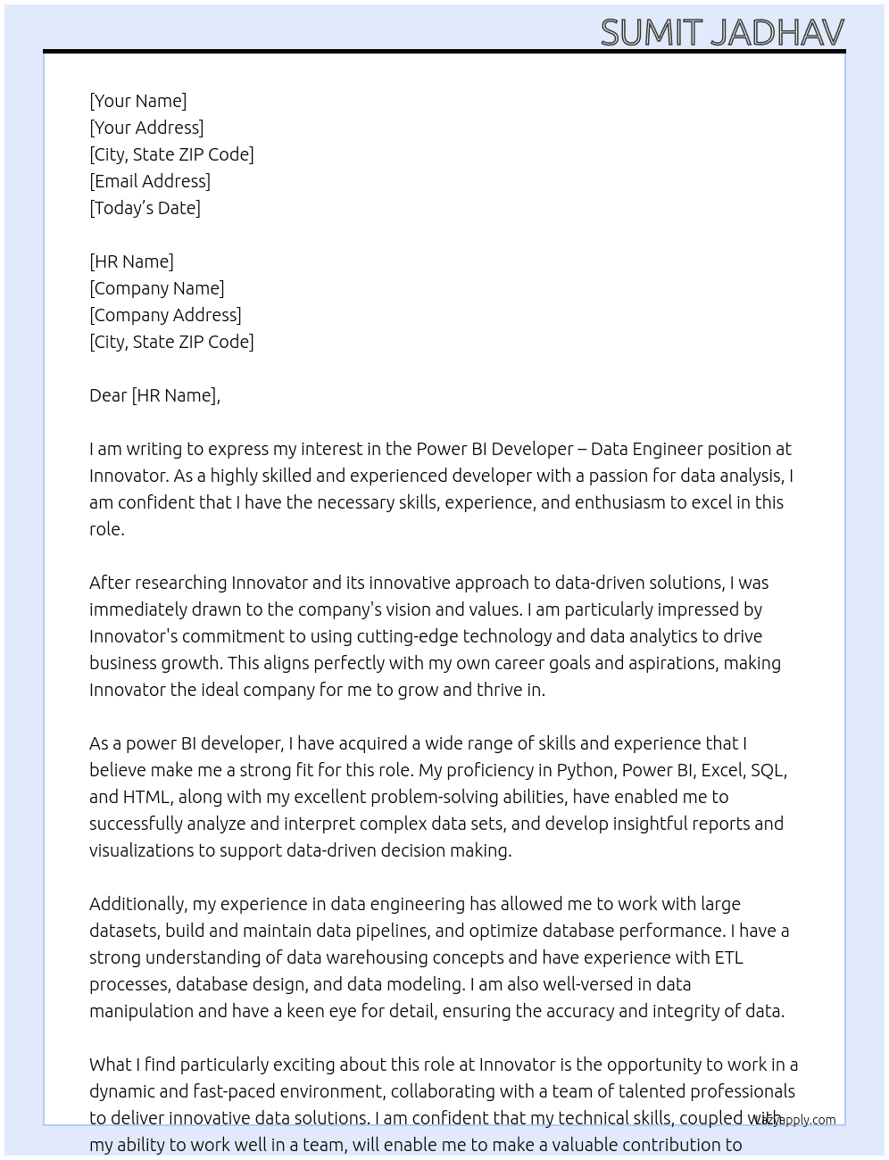 Power BI Developer – Data Engineer At Innovator Cover Letter