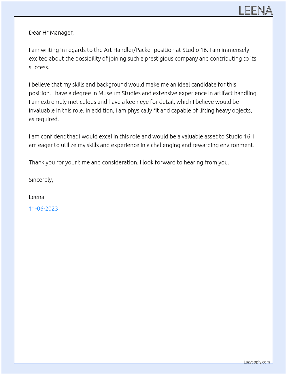 Art Handler/Packer At Studio 16 Cover Letter